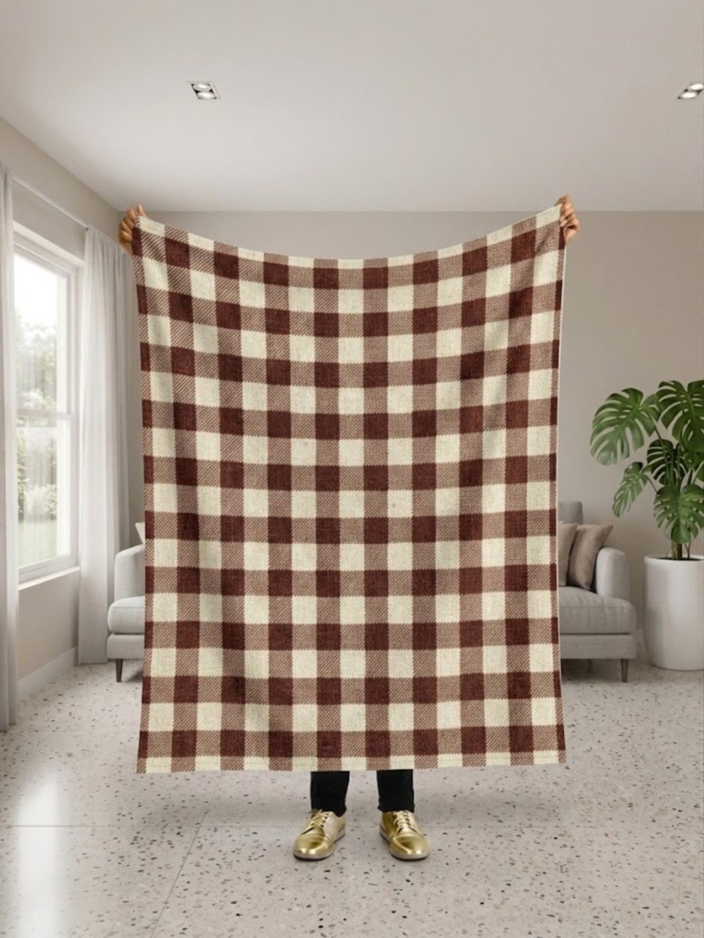 Cozy Plaid Blanket - Cream and Brown